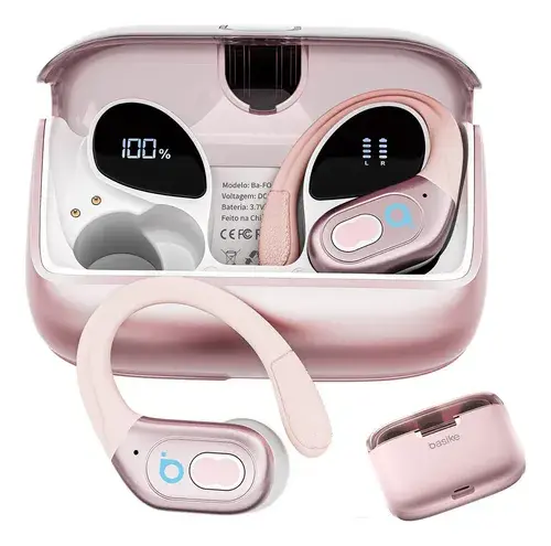 Basike Fone De Ouvido Sem Fio Esportivo Bluetooth6.0 Tws, Corrida Gancho, À Prova D'água, Com Gan, Tela Led Dupla, Suporta Chamadas De Voz, Adequadas Para Android E Ios, Cor Rosa
