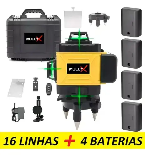 Nível Laser 4D MULLTX 16 Linhas Verde Recarregável 30m com Maleta e 4 Baterias