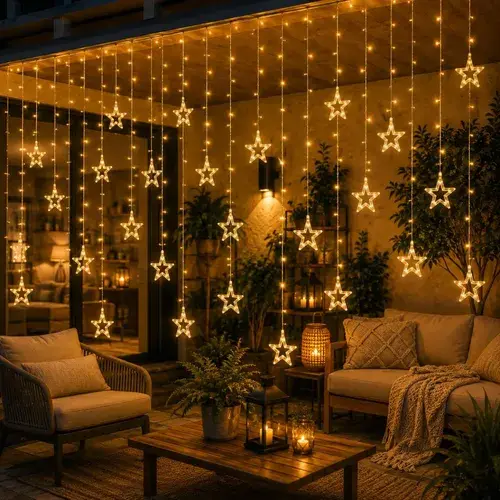 Cascata De Natal Estrelas Bivolt 110 Leds Com 8 Funções