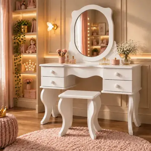 Penteadeira Princess Branca com Espelho e Banqueta 4 Gavetas MDF Brilhante Camarim Infantil Feminina Quarto Menina Mesa de Maquiagem Organizador Beleza Moderna Canto do Quarto Decoração Completa