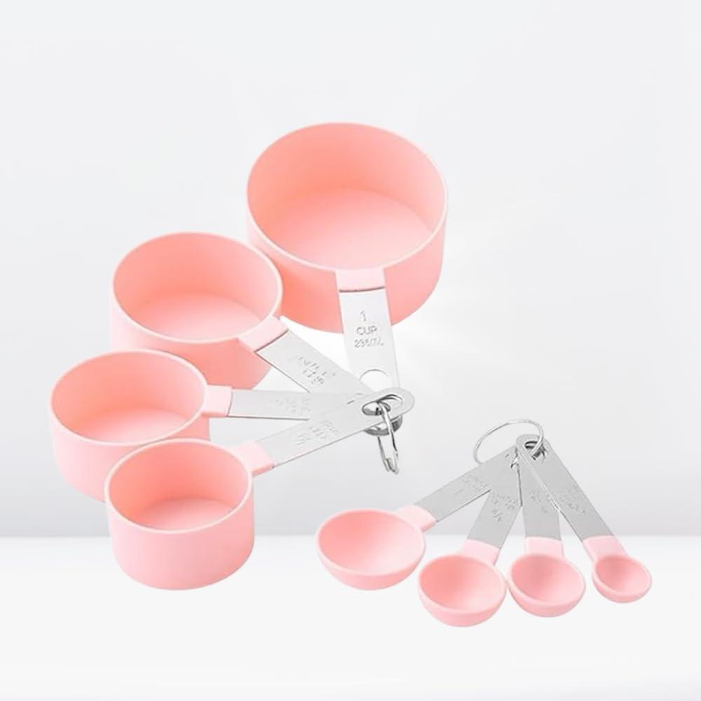 Kit Medidor Culinário 8 Peças em Inox e PP Colheres e Xícaras com Medidas Precisas em ML para Receitas Doces e Salgadas (Rosa)