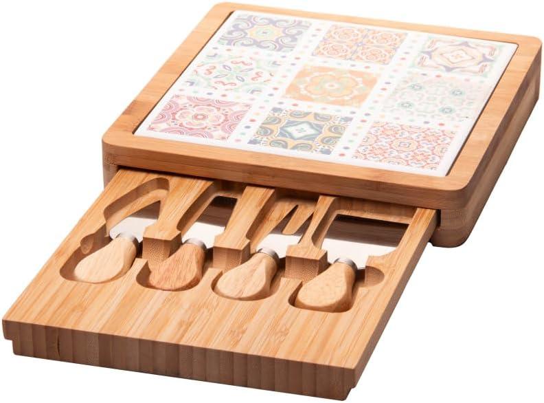 WOLFF - Conjunto 6 Peças para Queijo com Bandeja de Bambu e Tábua Ladrilho 23x23x4cm