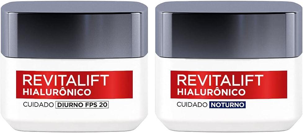 Kit Hidratante Facial L'Oréal Paris Revitalift Hialurônico Diurno FPS 20 + Noturno, Tratamento Antirrugas e Preenchedor com Ácido Hialurônico Puro, 49g