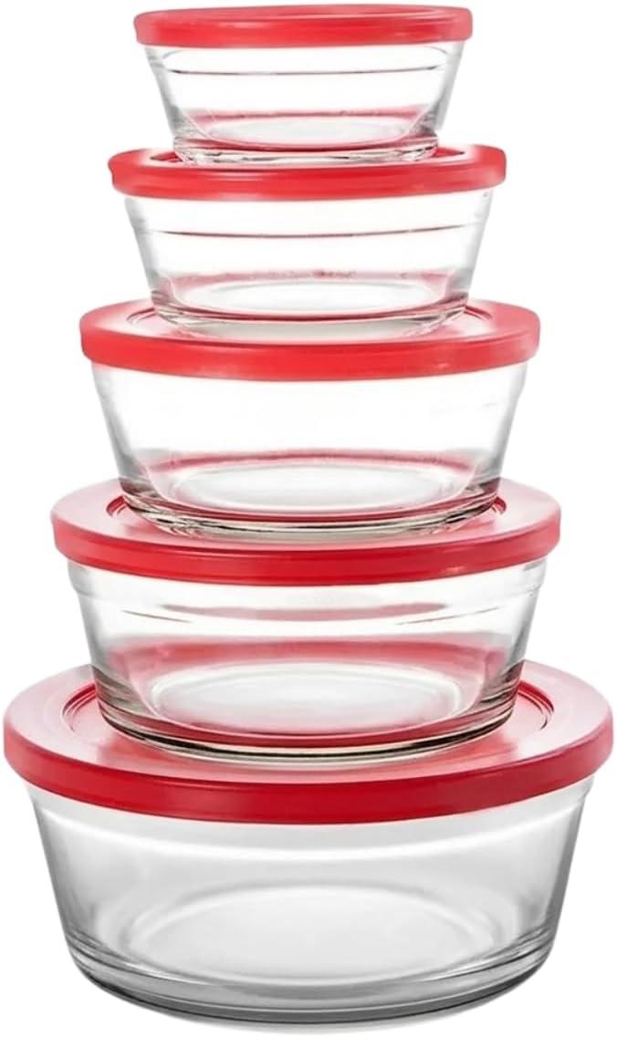 Conjunto 5 Potes Vidro Com Tampa Jogo De Vasilhas Tigelas - Cores Sortidas