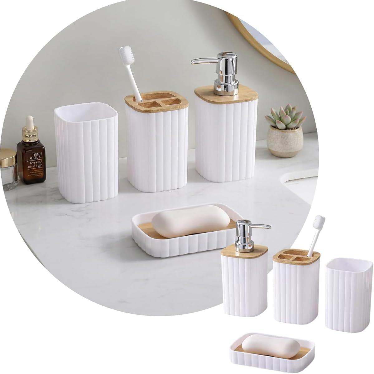 Kit Banheiro 4 Peças Bambu Dispenser Saboneteira (Branco)