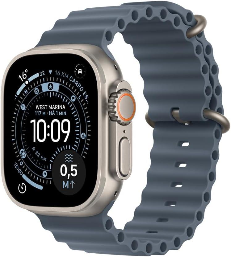 Apple Watch Ultra 3 GPS + Cellular, Caixa em titânio natural de 49 mm com Bracelete Ocean azul‑âncora