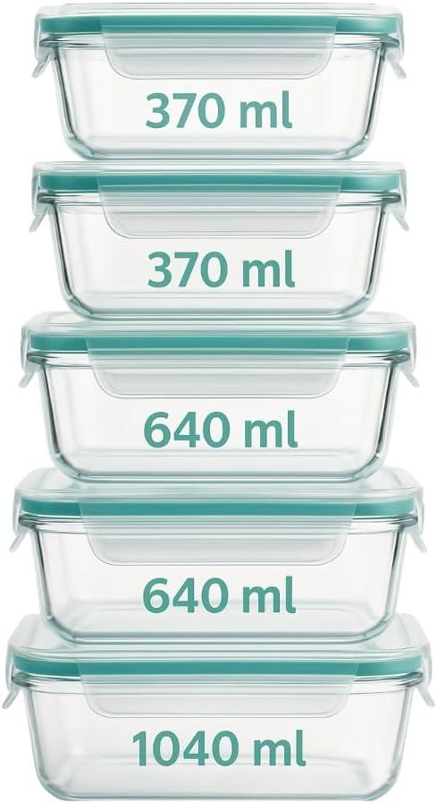 Conjunto 5 Potes Herméticos de Vidro com Tampa, 370ml 640ml 1040ml