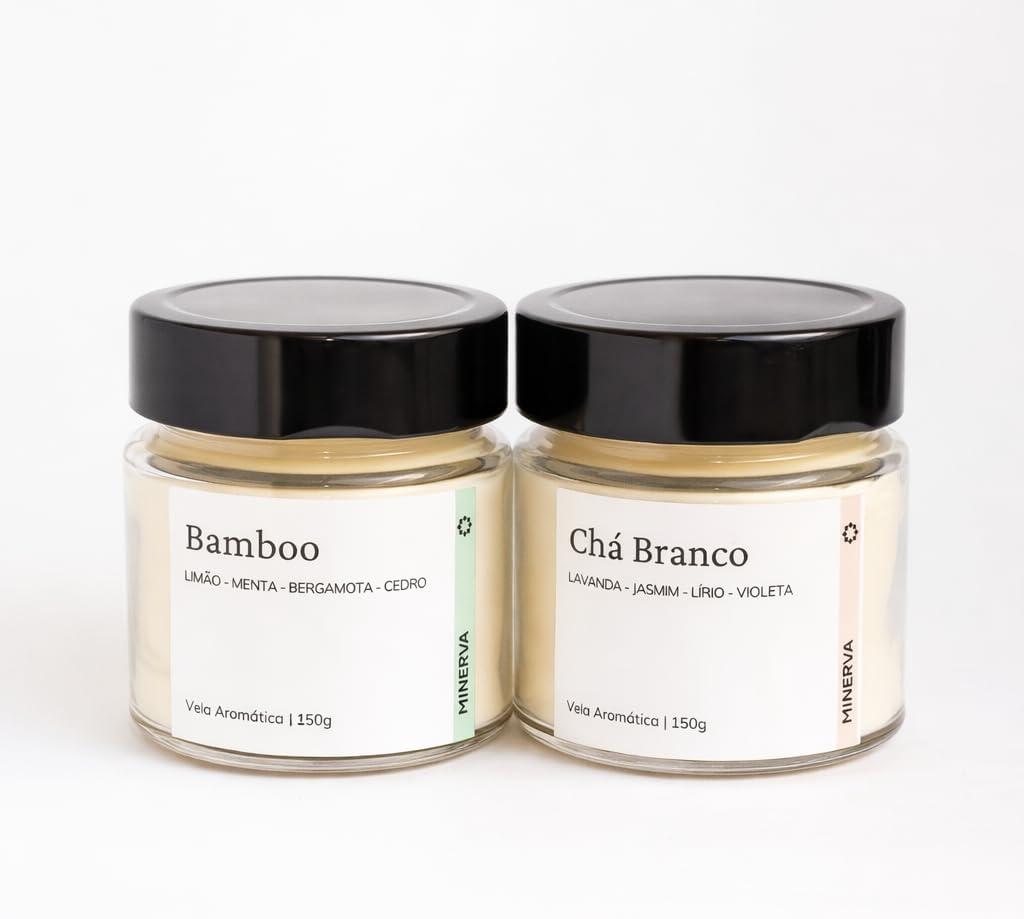 Kit 2 Velas Aromáticas Aromatizadas Perfumadas - 150g Cada - Minerva (Bamboo + Chá Branco)