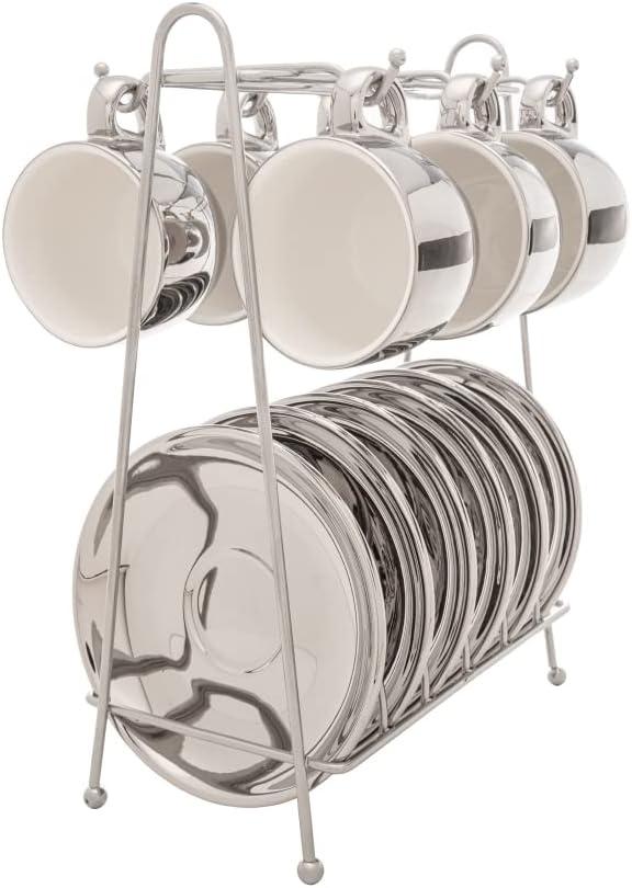 WOLFF - Conjunto 6 Xícaras de Café com Pires de Porcelana e Suporte Versa Prata/Branco 90ml