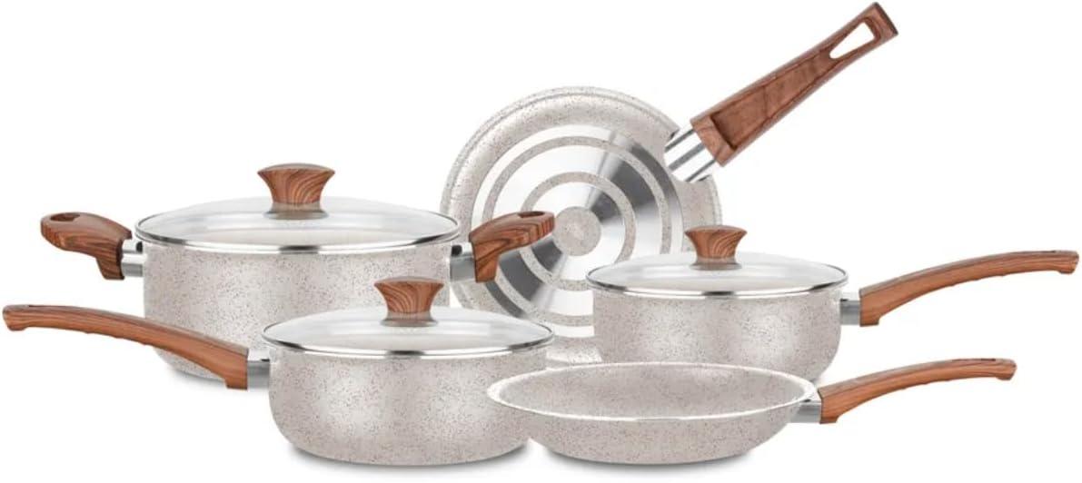 Conjunto de Panelas Vanilla Cerâmica 5 Peças – Antiaderente Cerâmico | 18cm, 20cm, Caçarola 22cm, Frigideiras 22cm e 24cm | Tampas de Vidro, Cabos Antitérmicos (VANILLA)