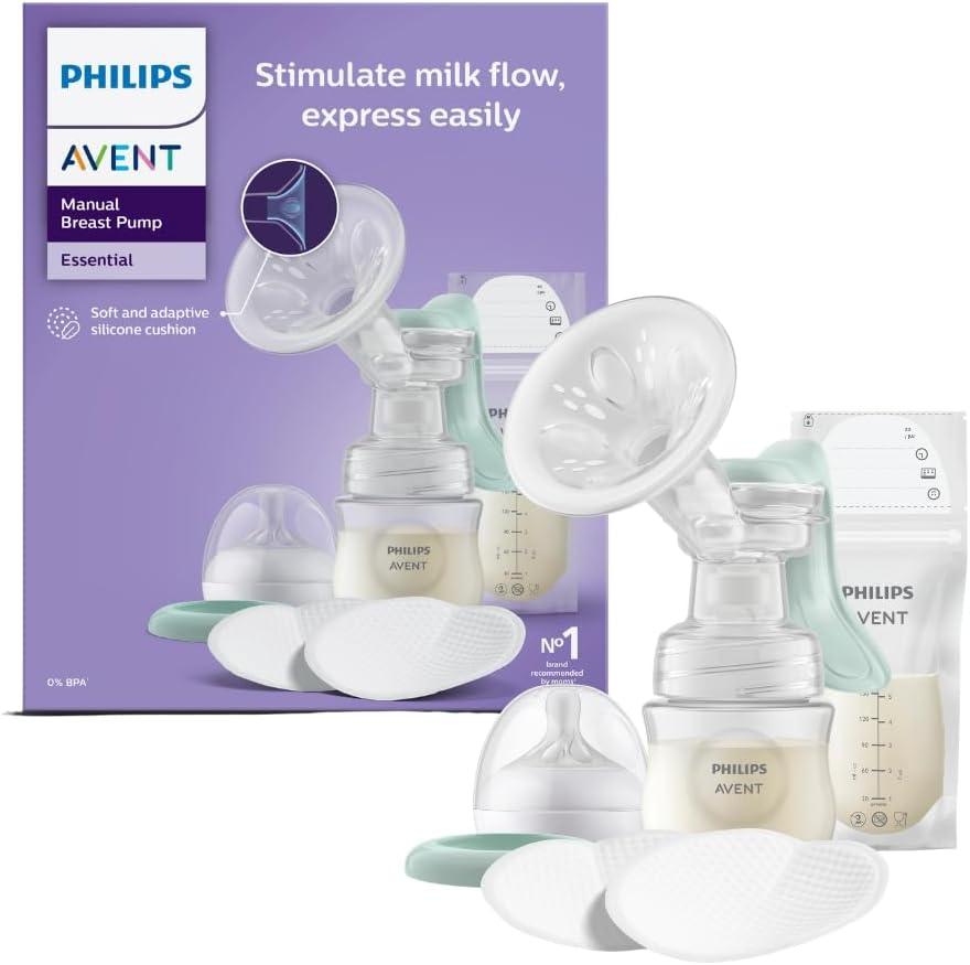 Kit Extrator Manual Essential Philips Avent – 1 un Extrator de leite com almofada de silicone, 1 un Bico, 5 un de Saco de armazenamento e 4 un de Absorvente de seio descatáveis - Livre de BPA