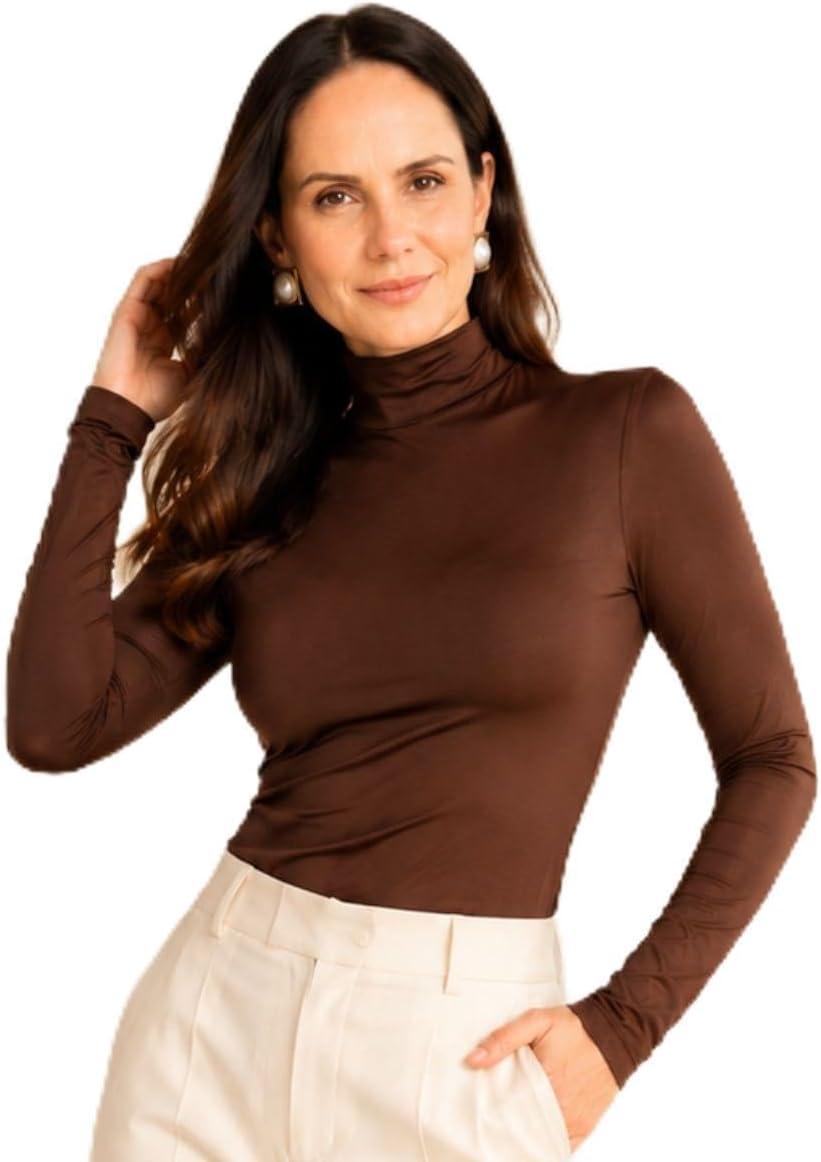 Blusa Feminina Gola Alta Manga Longa, Poliamida Premium, Estilo Elegante para Uso Diário
