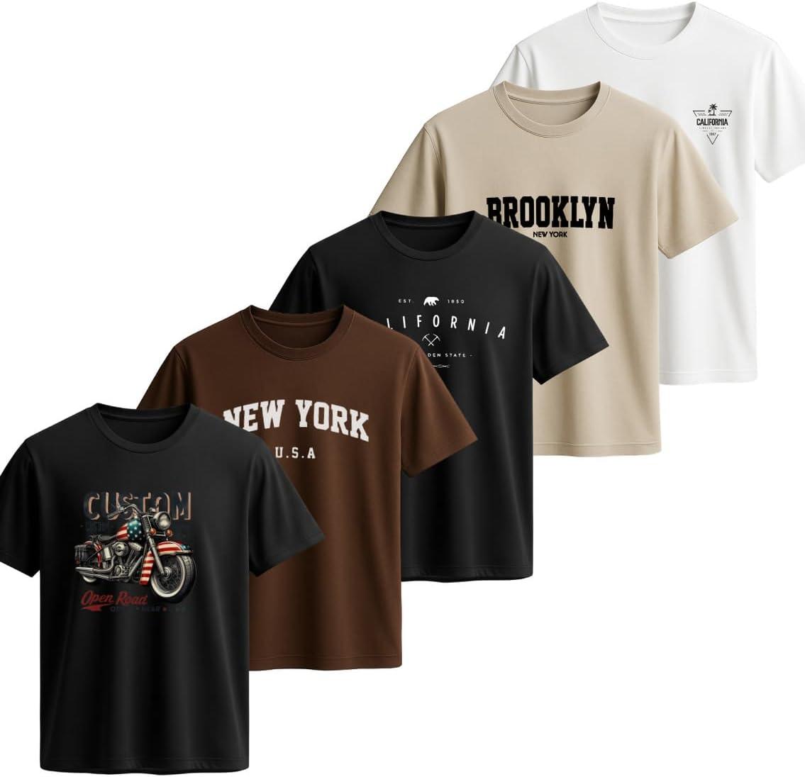 Kit 5 Camisetas Masculinas 100% Algodão Premium Estilo Urbano Streetwear Casual Cidades Americanas Festas