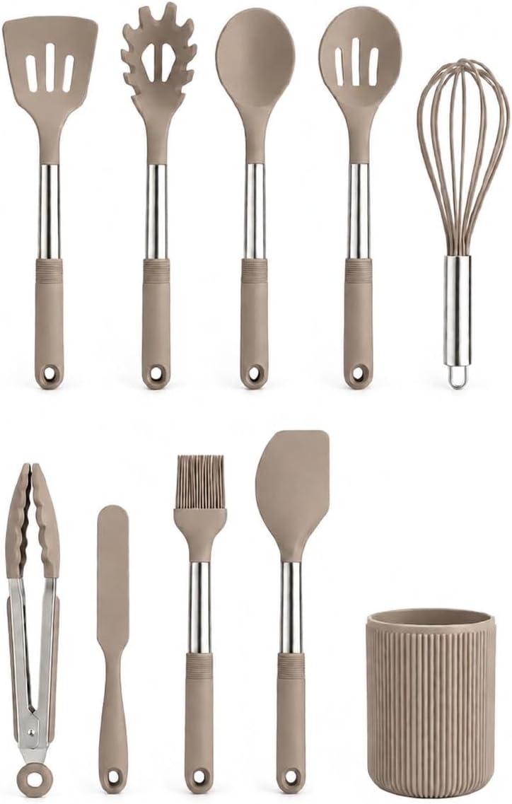 Kit Utensílios de Cozinha 10 Peças Silicone Inox com Suporte | Jogo Cozinha Completo Espátula Colher Concha Pegador (Bege)