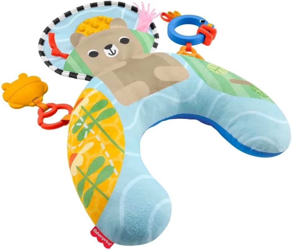 Fisher-Price Almofada Sensory Adventures: apoio de bruços com texturas, mordedor e chocalho para fortalecer pescoço e estimular os sentidos.