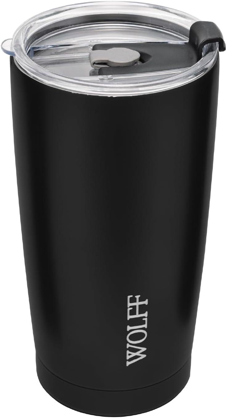 WOLFF - Copo Térmico de Aço Inox Parede Dupla Com Tampa 600ml Preto - Para Viagem - Mantém a Bebida na Temperatura Ideal