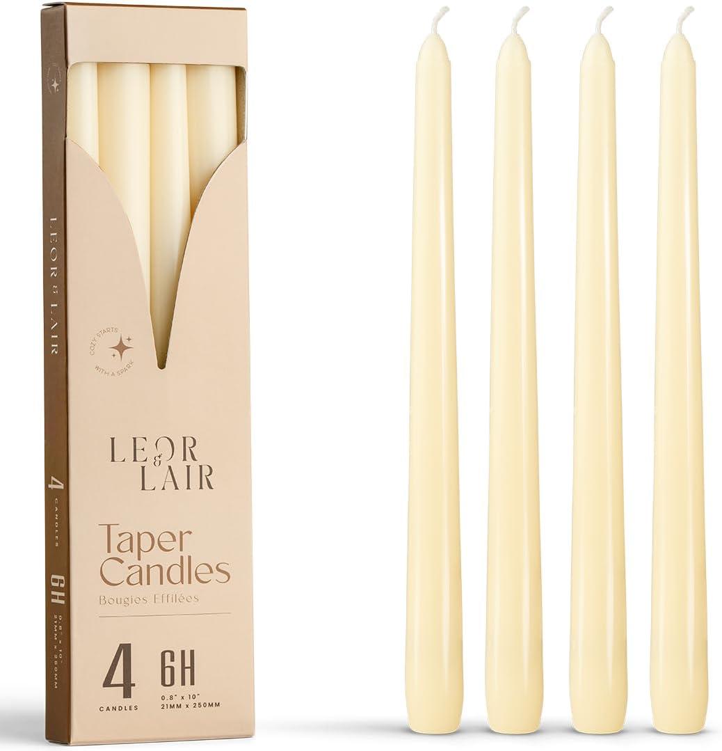 Leor & Lair Velas cônicas marfim – Pacote com 4 castiçais marfim de 25,4 cm – Bastões de vela creme sem perfume para decoração de casa, mesas de férias, casamentos, restaurantes e eventos de negócios