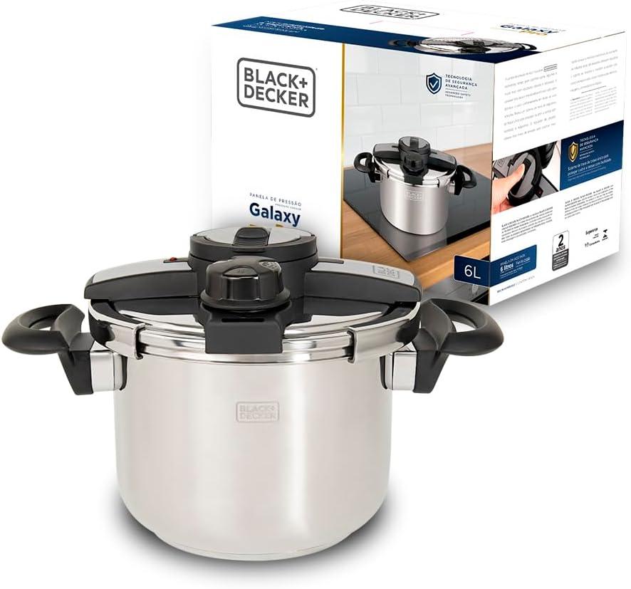 BLACK+DECKER Panela de Pressão 6 litros Galaxy Pro - Corpo em Aço Inoxidável, Tampa com Fechamento Externo, Regulador de Pressão, 7 Travas de Segurança e Base Compatível com Indução