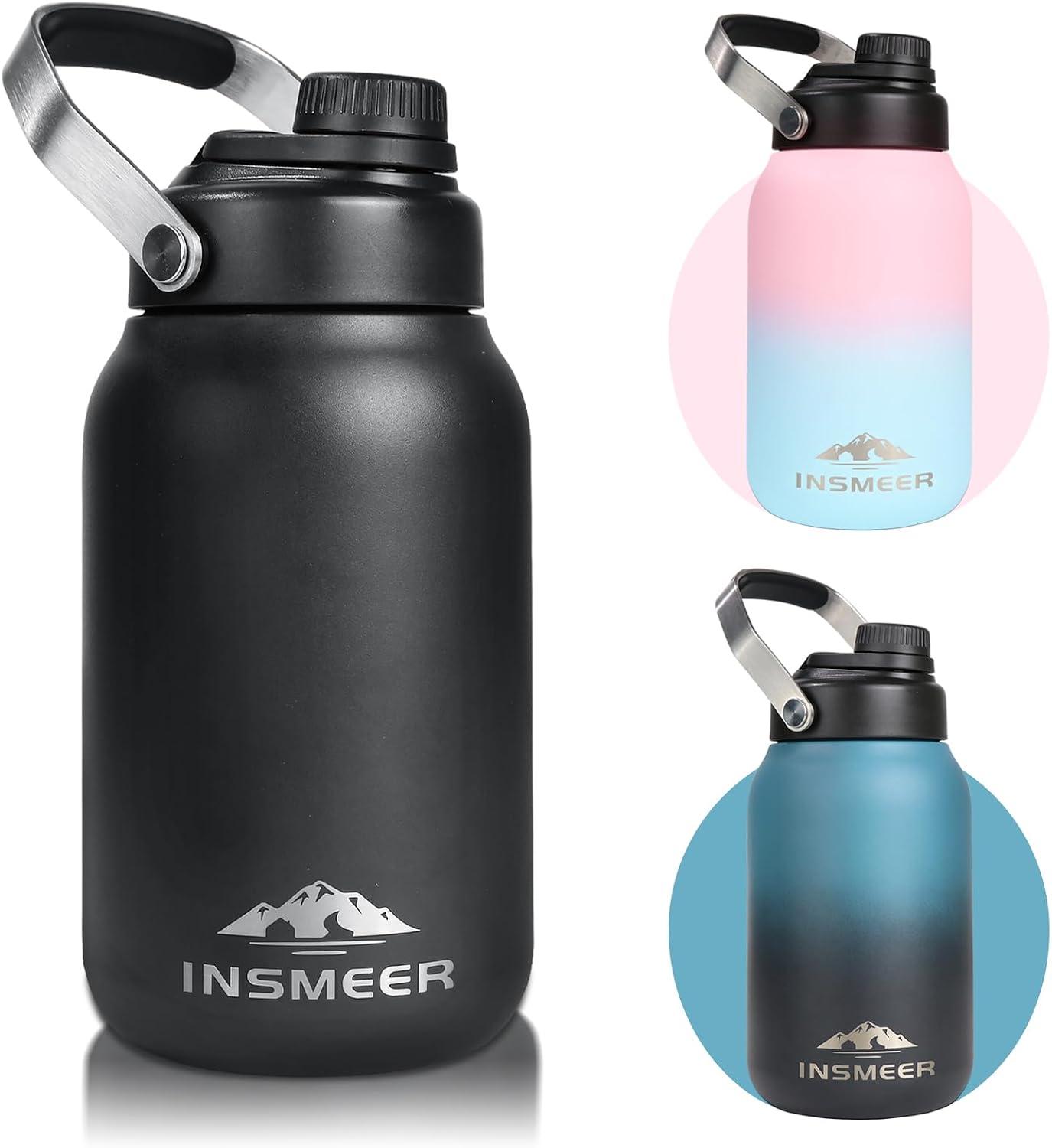 INSMEER Garrafa Térmica Com Isolamento A Vácuo De Parede Dupla, Frasco De Boca Larga De Aço Inoxidável 18/8, À Prova De Suor, Garrafa De Água De Metal Sem Bpa Com Escova De Limpeza, 1.89L, Preto