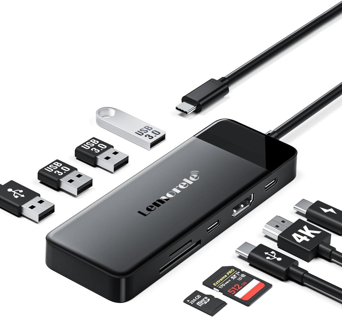 Lemorele Adaptador Hub 9 em 1 USB-C com HDMI 4K 30Hz, 4 Portas USB 3.0, PD 100W, USB-C e Leitor SD/TF - Plug & Play para Yoga, MacBook, HP, Dell, Acer e outros
