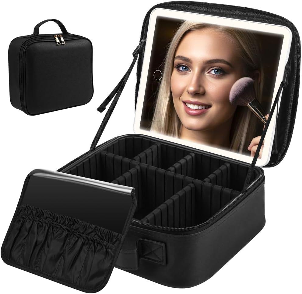Maleta de Maquiagem, Organizador de Maquiagem com Espelho de LED, Bolsa de Maquiagem com Espelho 3 Luz LED de 3 Cores, Maleta Maquiagem, Bolsa de Cosméticos de Viagem para Mulheres