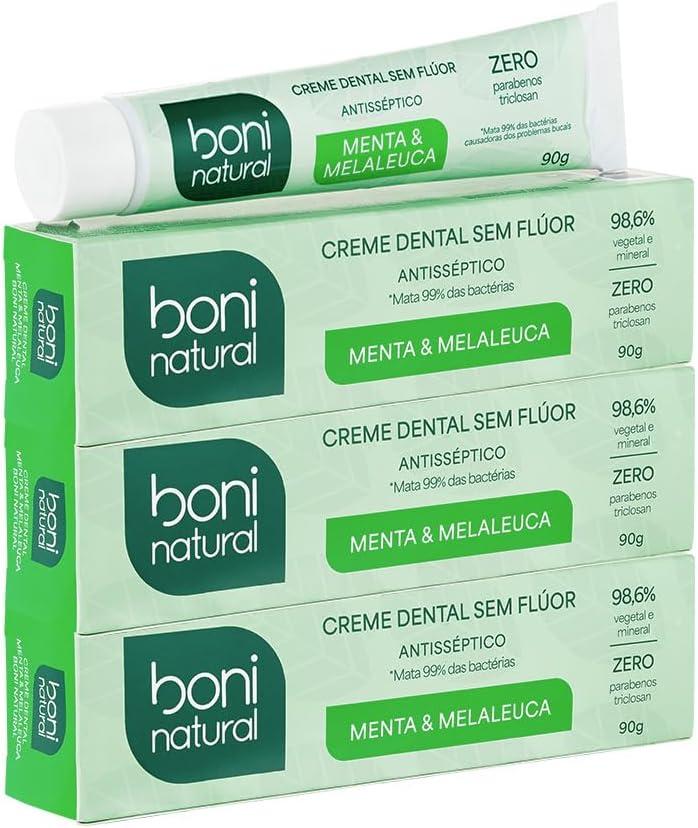 BONI NATURAL - Creme Dental com óleos naturais de Menta e Melaleuca Vegano e Natural, Sem Flúor, Sem Triclosan, 90g, 3 unidades Leve Mais Pague Menos