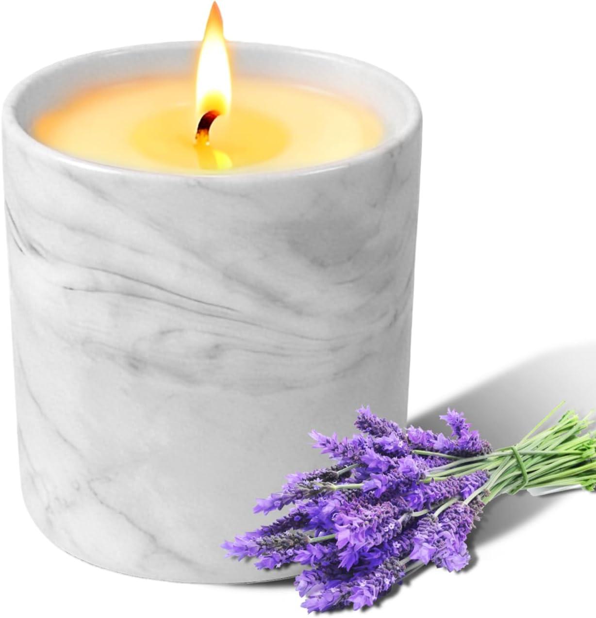 Vela Aromática de Lavanda em Pote de Cerâmica Cinza Mármore 600g, Cera de Soja Vegetal, Longa Duração, Aromaterapia para Casa Banheiro, Ótima Opção de Presente para Homens e Mulheres