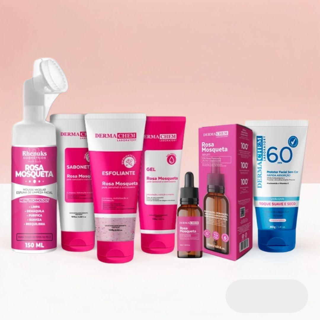 Kit Skincare Rosa Mosqueta + Mousse Micelar Rosa Rhenuks+Serum Rosa Mosqueta Clareador 100% EFICACIA+Protetor Solar FPS60 Sem Cor