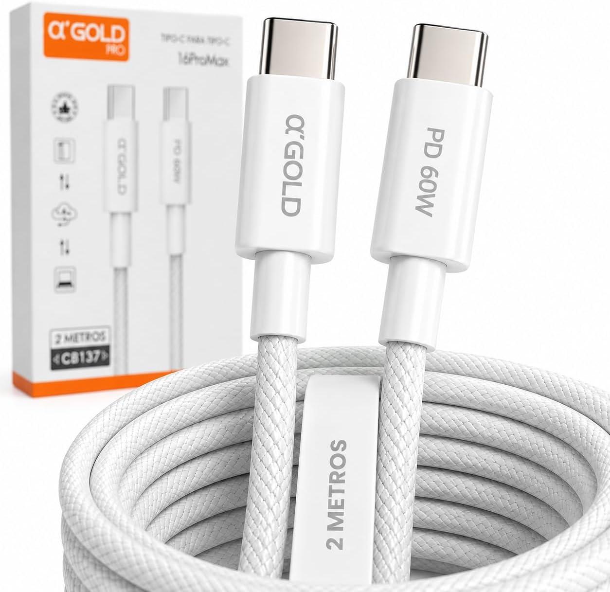 Cabo USB-C Tipo C 2 Metros 60W Carregamento Rápido Turbo PD, USB-C para USB-C Nylon Trançado Reforçado, Carga e Dados, iPhone 15/16, Samsung, Xiaomi, Motorola, iPad e Notebook