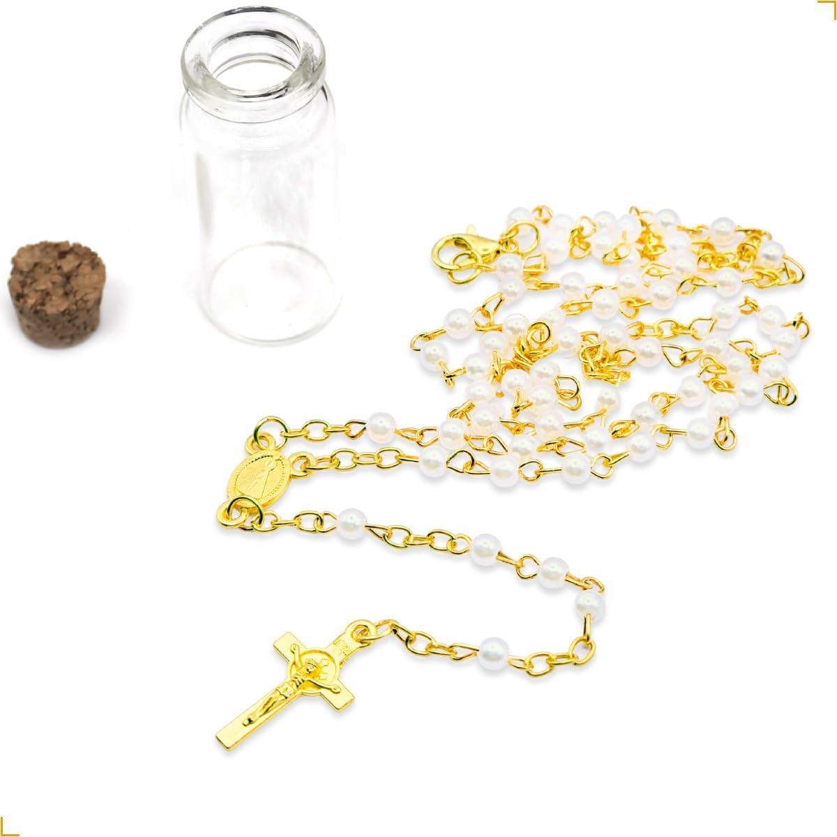 Terço Nossa Senhora Aparecida Pérola Dourado 41cm em Aço Inox – Rosario com Medalha e Crucifixo Dupla Face – com Garrafinha para Guardar