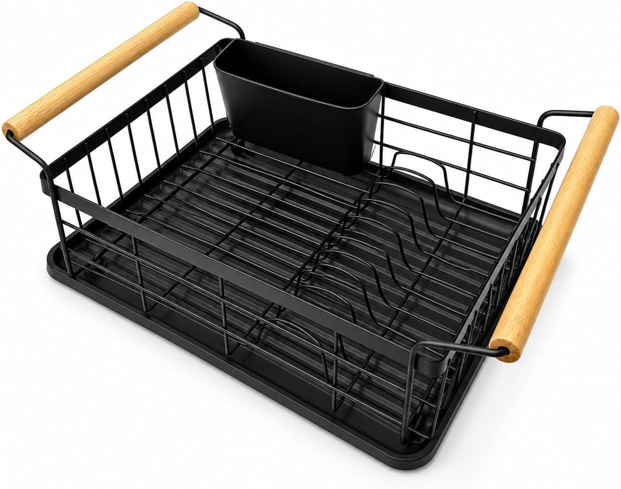 Escorredor Louça 9 Pratos Preto Fosco Alças Bambu Design Moderno