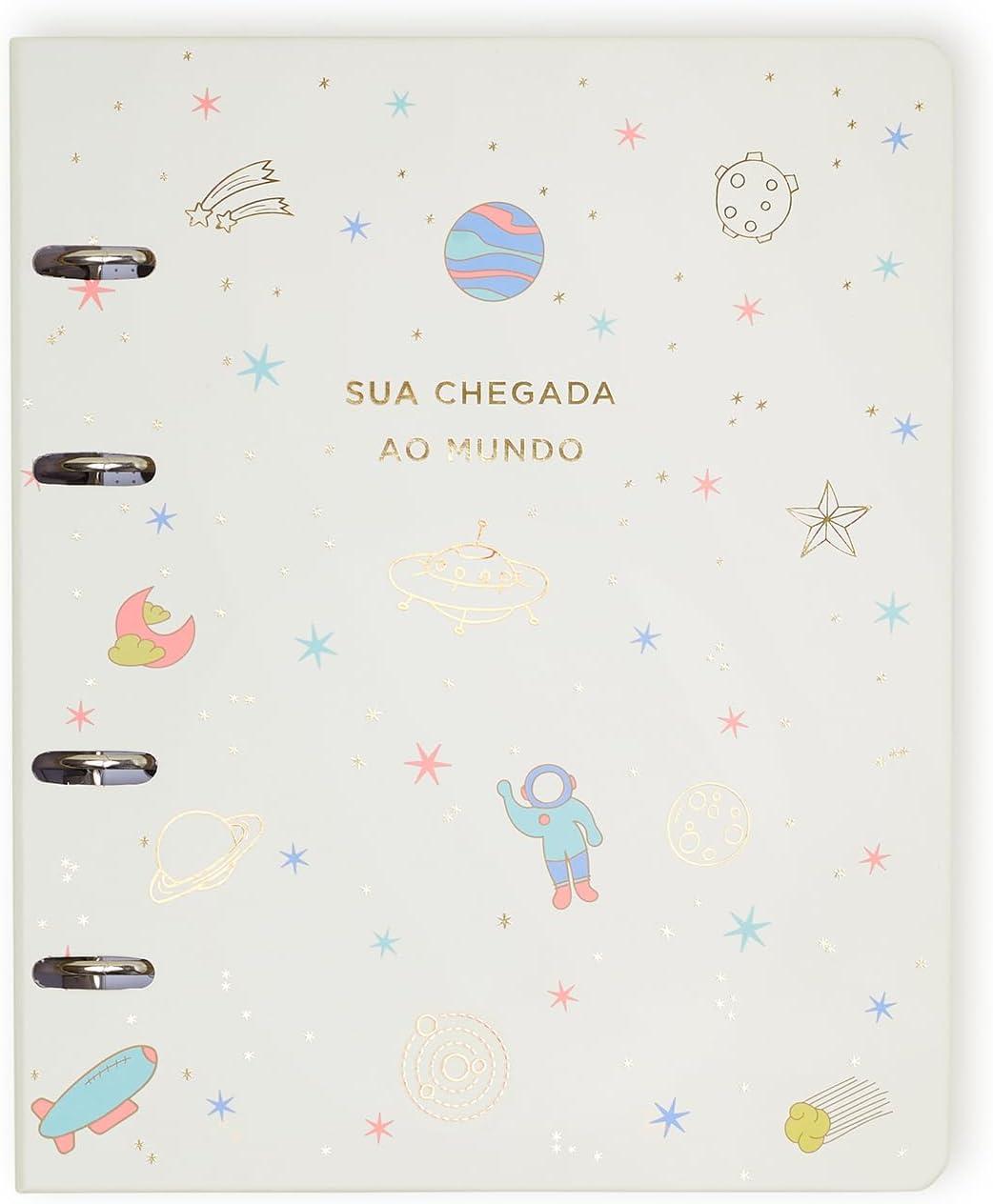 Livro Álbum do Bebê - 0 à 12 meses | Argolado | 47 Folhas - Formato 18x24cm, Capa Dura - Off White, tema universo | Papel Offset 150g | Cicero