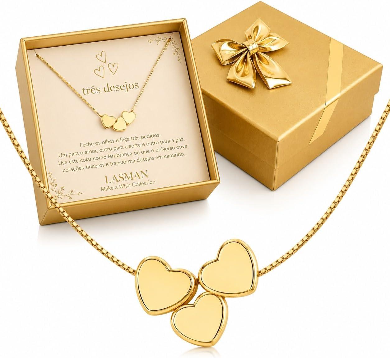 Colar Corações Banhando a Ouro Presente Namorada Esposa Amiga Semijoia Sorte