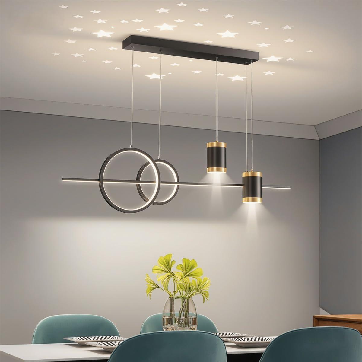 Lustre de Mesa de Jantar LED – Luz Pendente Linear Regulável com Projeção de Estrela, 85V-220V(Preto)