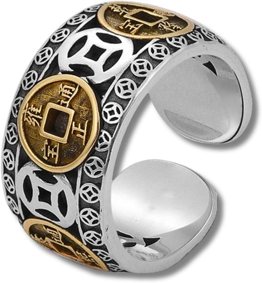 Anel Masculino "Talismã da Fortuna" – Ajustável, Aço Inoxidável, Moeda Chinesa da Sorte, Estilo Feng Shui, Proteção e Prosperidade – Acompanha Bolsa de Veludo