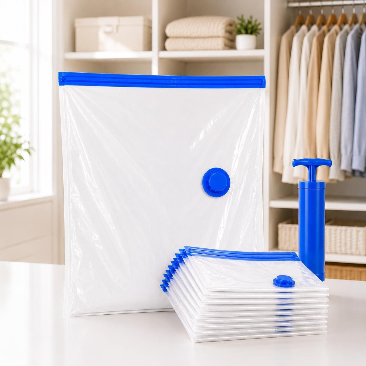 Kit com 10 Sacos a Vácuo Premium 50 x 60 cm e Bomba Manual para Roupas