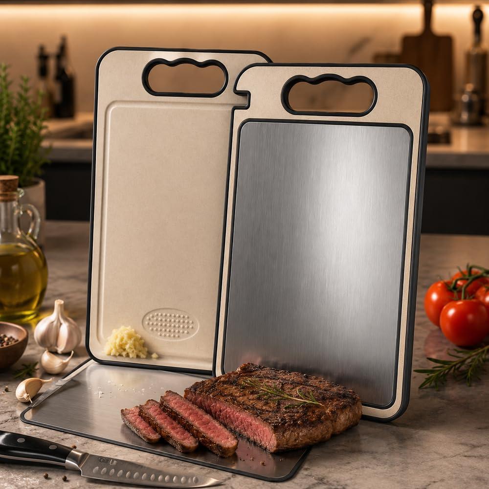 Tábua de Corte Inox Dupla Face para Cozinha Fibra de Trigo e Afiador