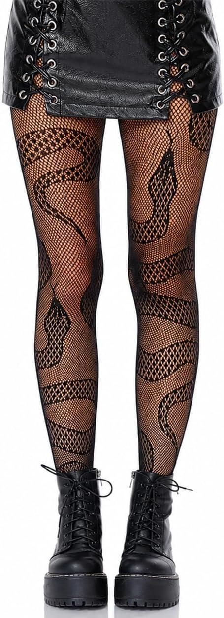 Meia-Calça Feminina Arrastão Estampada Cobra Preta, Meia Fashion com Desenho Animal Print, Tecido Elástico, Visual Moderno para Looks Estilosos, Shows, Festas e Produções Urbanas - Tamanho Único