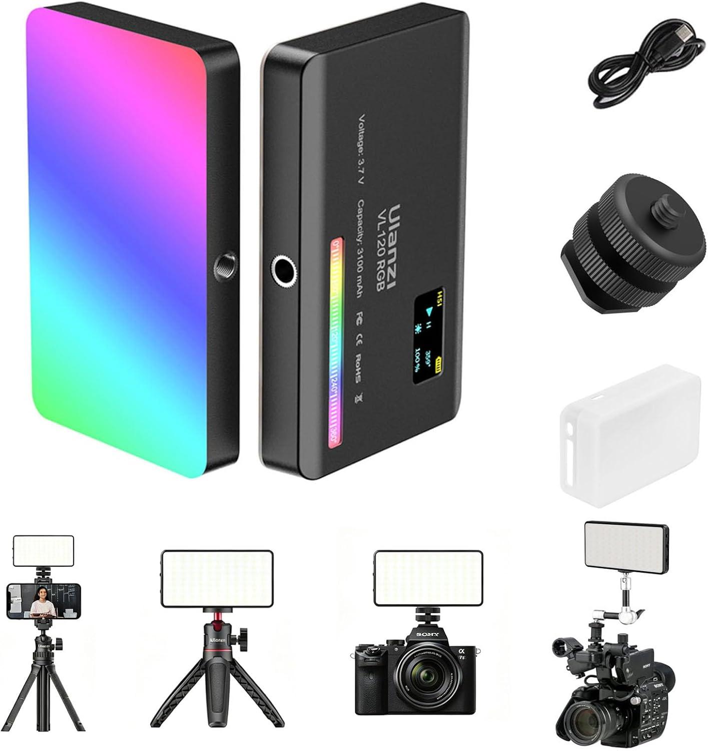 Luz de vídeo ULANZI VL120 RGB, Luzes de vídeo de bolso LED On-Camera, Bateria recarregável embutida 3100mAh, 360 efeitos de luz Full Color 20, CRI95 2500-9000K Painéis de LED para registro