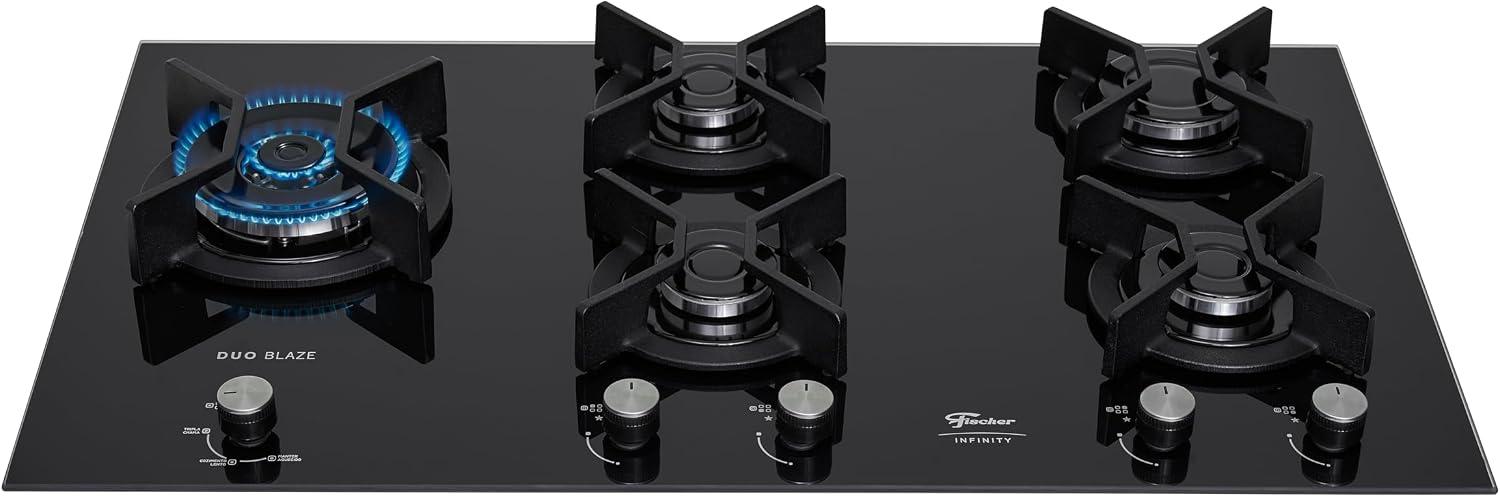 Fischer Cooktop Gás 5 Bocas TC Infinity Duo Blaze Mesa Vidro Black Bivolt 31800-82260