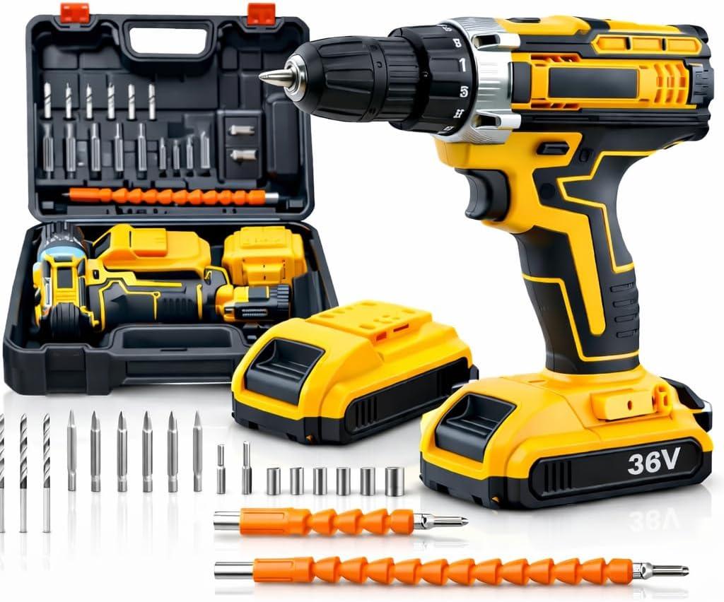 Furadeira e Parafusadeira Sem Fio 48V com 2 Baterias Recarregáveis, Maleta e Kit de Acessórios, Controle de Torque, Velocidade Variável e LED – Uso Doméstico e Profissional