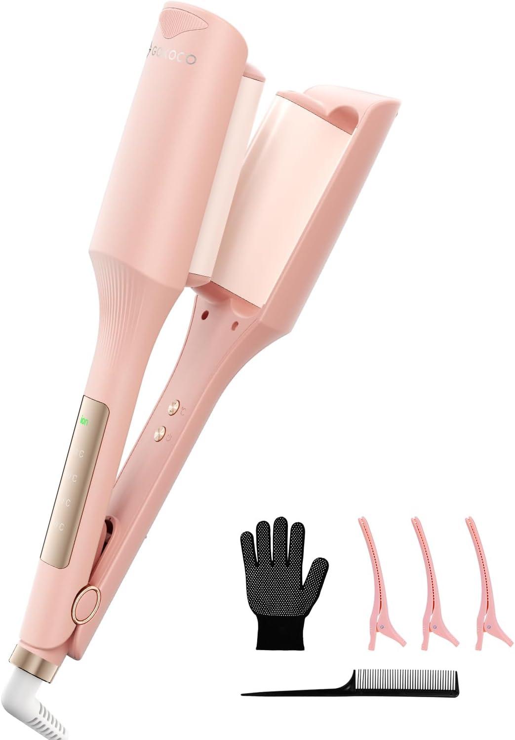 Modelador de Ondas para Cabelos 32 mm com Placas Duplo V,Bivolt Íons Negativos e Revestimento Cerâmico com Turmalina,4 Temperaturas e Visor Digital,GD057 Rosa