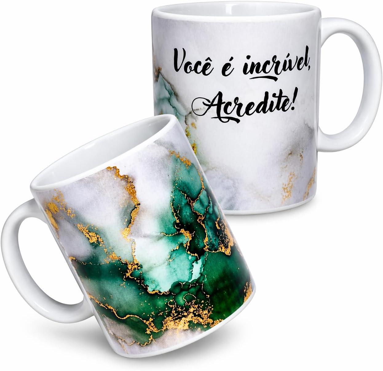 Caneca Porcelana Café Chá Xícara Decorada Frases Motivacionais Personalizadas 300ml (Verde Marmorizada)