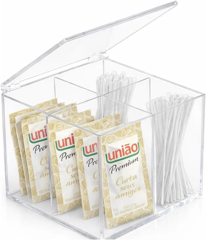 Porta Sachês 4 Compartimentos com Tampa Articulada em Acrílico Cristal 10x10x10 cm Organizador para Açúcar Chá Adoçante Mexedor Cantinho do Café