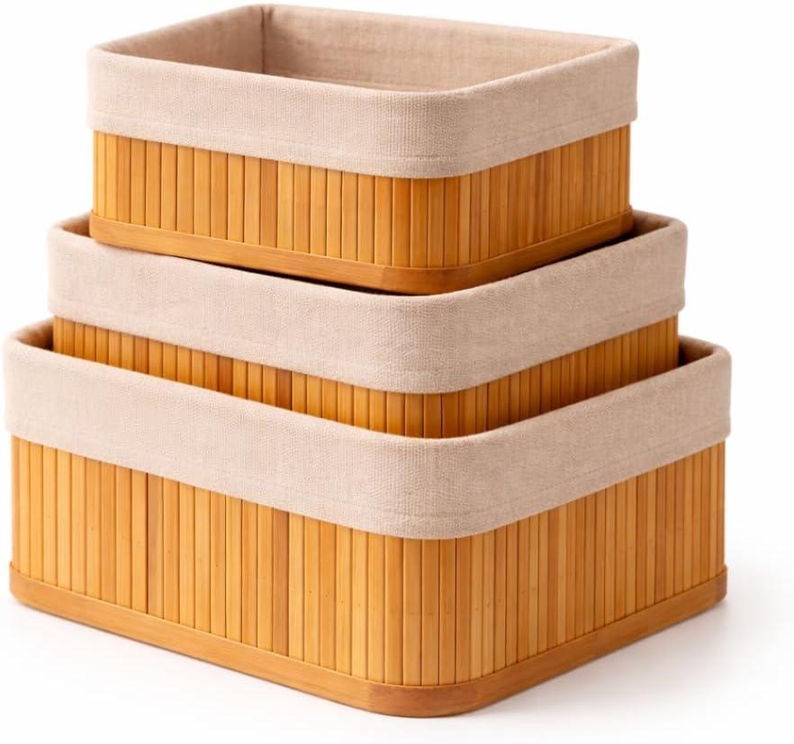 Kit 3 Cestos Organizadores de Bambu com Forro Interno – Cestas Organizadoras Decorativas Multiuso Banheiro, Armário, Lavanderia e Cozinha – Organizadores Naturais Elegantes Pia, Maquiagem e Objetos