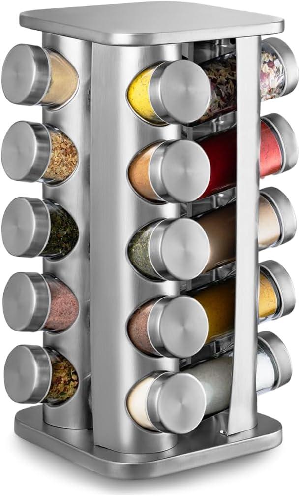 Porta Temperos Giratório 360°, com 20 Potes de Vidro e Aço Inox, Suporte Organizador de Condimentos, Prata