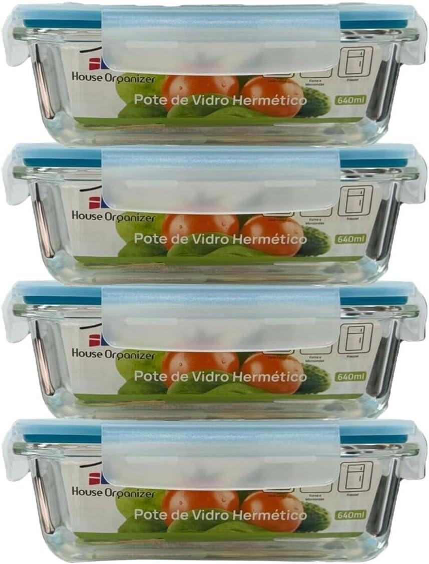 House Organizer Conjunto 4 Potes de Vidro Retangular com Tampa Hermética 640ml Cor:Azul