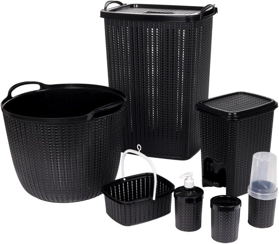 Kit Banheiro e Lavanderia Trama 7 Peças, Preto, Plasútil