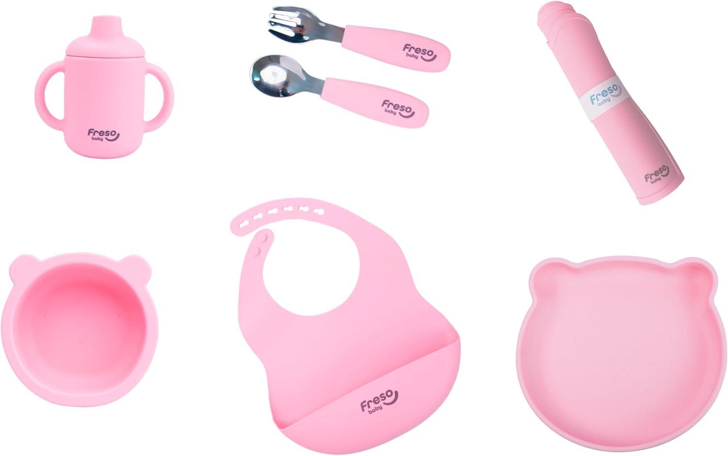 Freso Baby Kit Alimentação de Bebê Silicone Atóxico Livre de BPA Introdução Alimentar BLW Pratinhos Babador Talheres Completo 7 Peças Urso Rosa