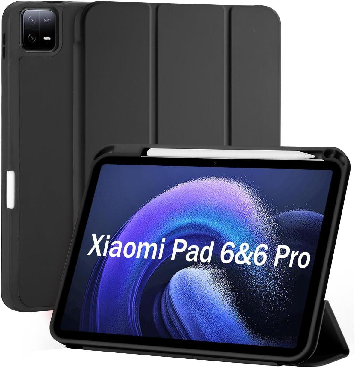 Capa para Xiaomi Pad 6/6 Pro 11 Polegadas 2023 Capinha com Compartimento para Caneta Stylus Três Dobras Case Traseira em TPU Macio Função de Ativação/Suspensão Automática - Preto